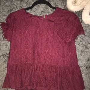 Maroon lace peplum blouse. Short sleeve.